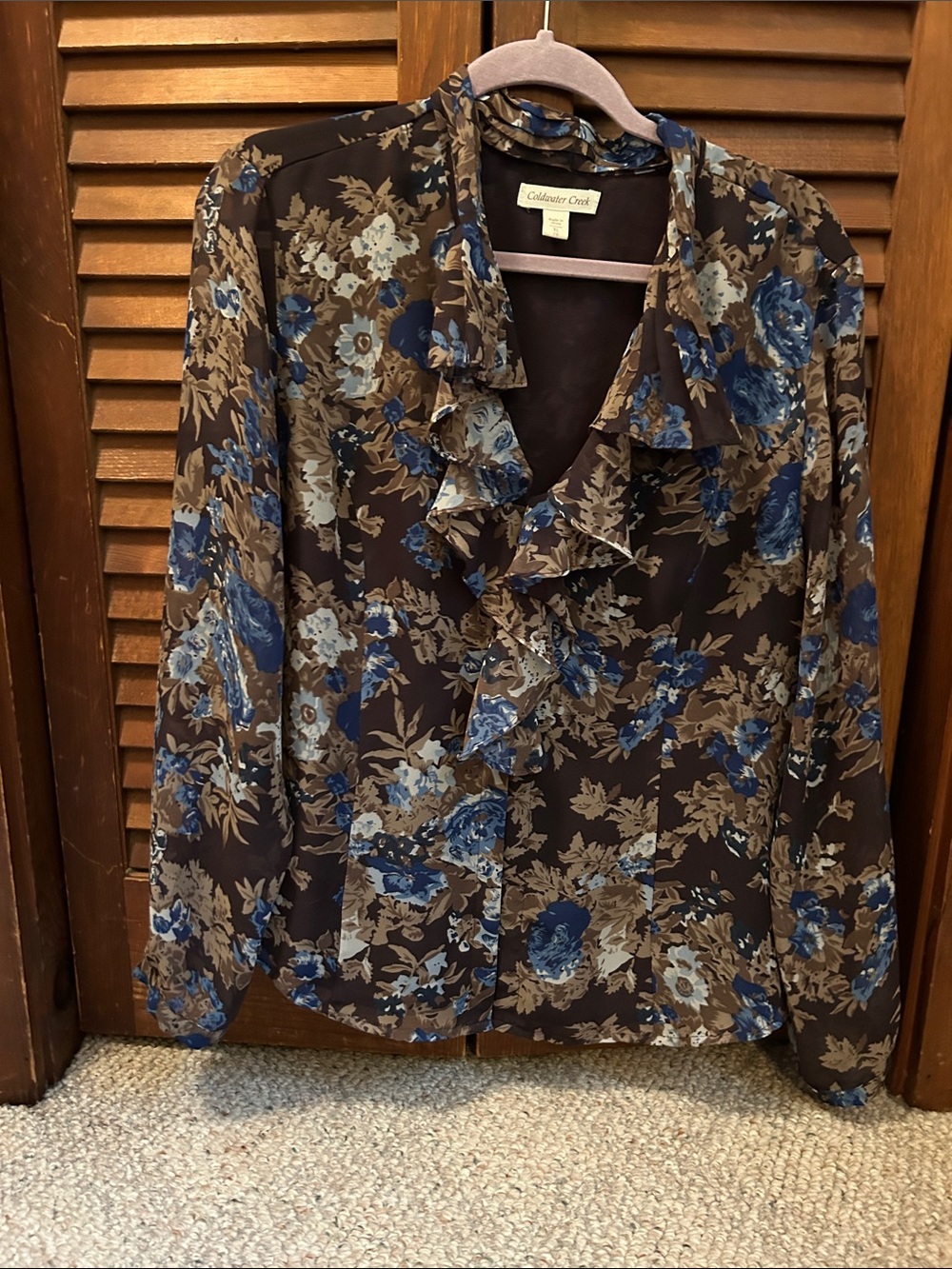 Coldwater Creek Brown Floral Ruffle-Neck Blouse with Blue Accents